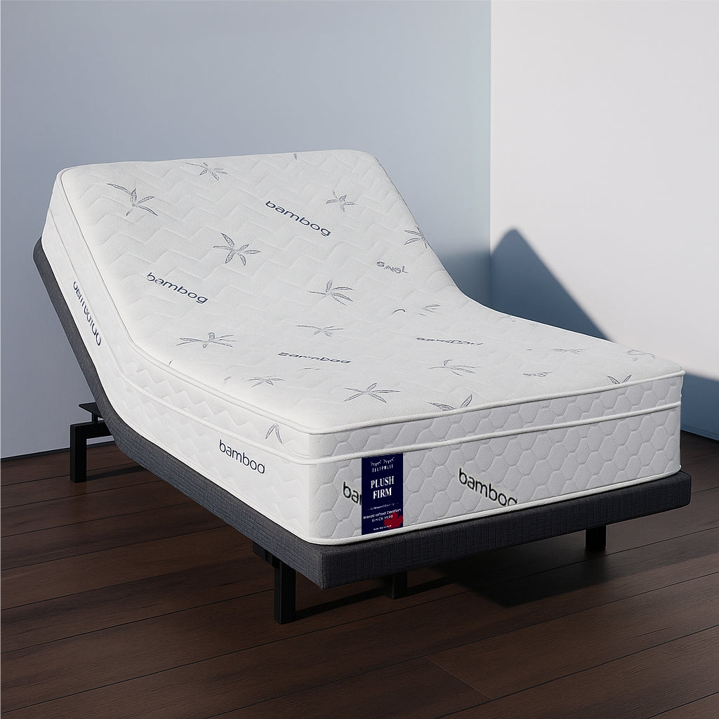 SleepWell Plush Firm bamboo mattress on adjustable base in reclined position