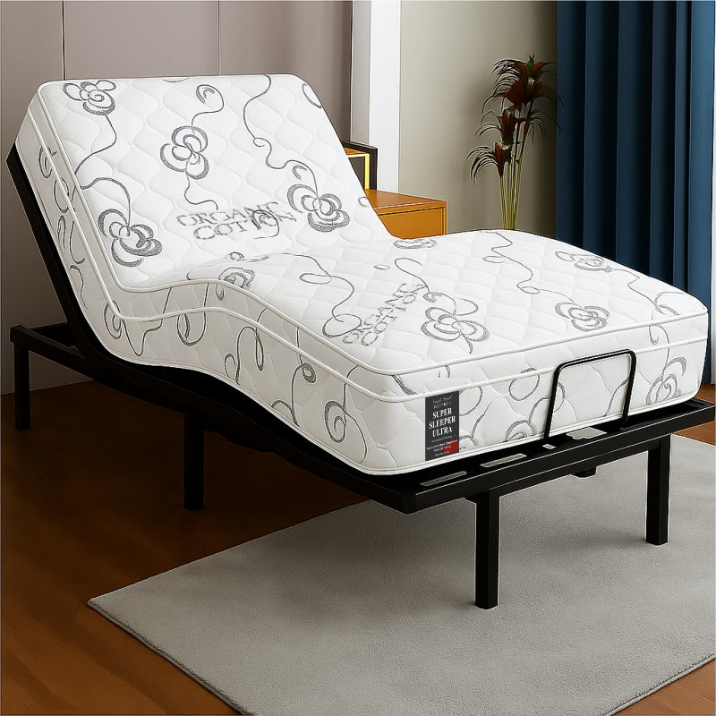 SleepWell Super Sleeper Ultra organic cotton mattress on adjustable base in reclined position
