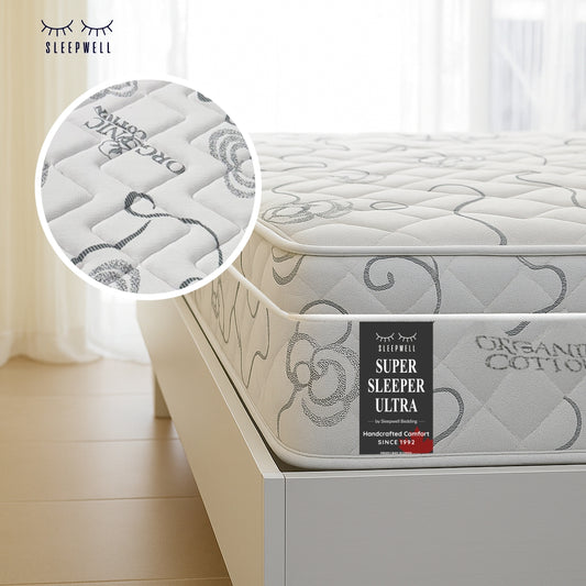 SleepWell Super Sleeper Ultra organic cotton mattress corner view with fabric detail