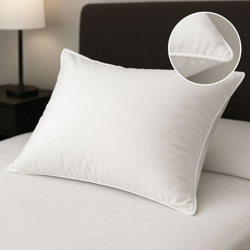 Hotel Comfort Pillow with 100% cotton cover styled on a bed, close-up of corner detail