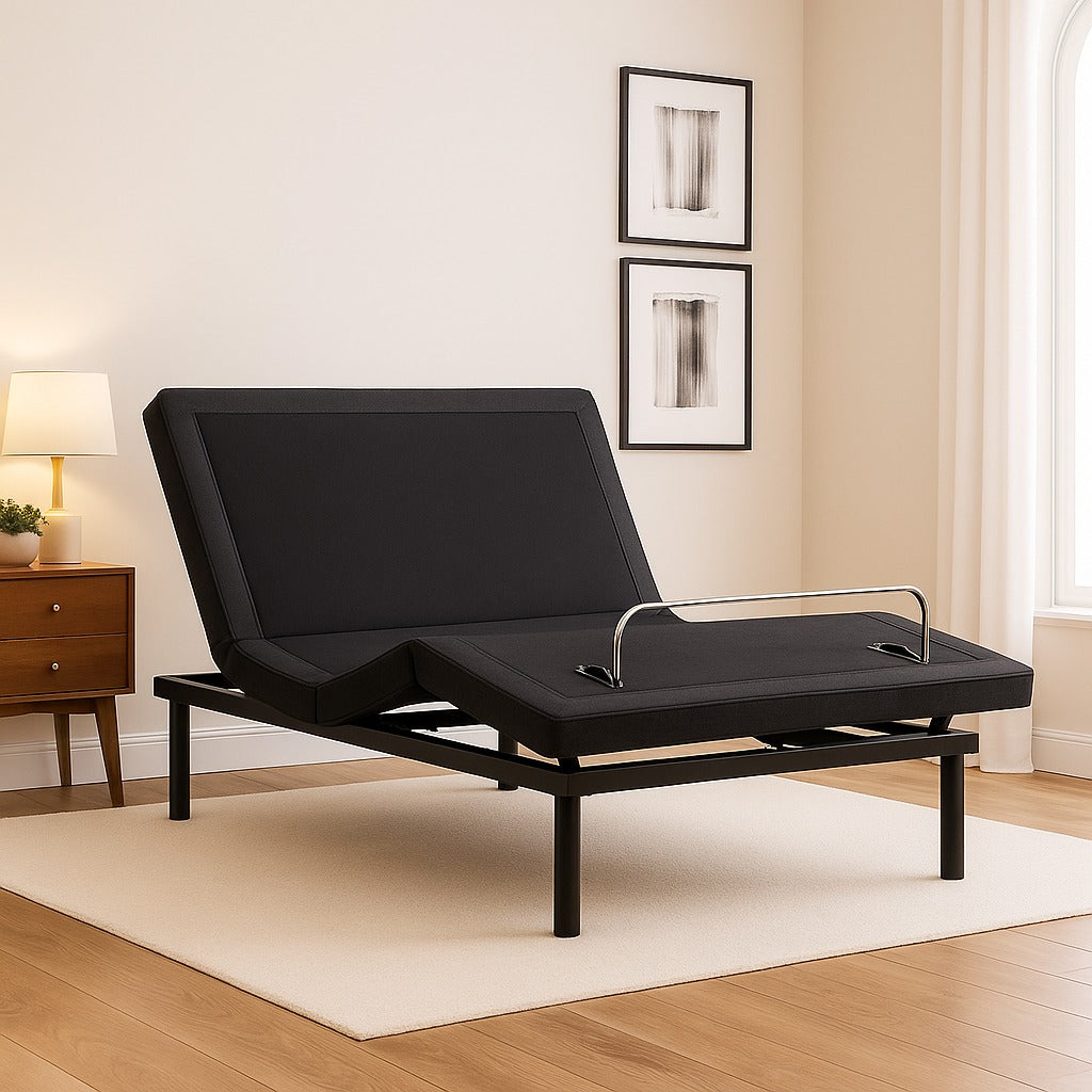 SleepWell adjustable bed base black frame in bright bedroom