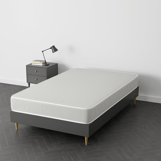 White mattress on a dark grey upholstered bed frame with wooden legs – SleepWell