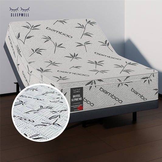 SleepWell Hotel Supreme bamboo mattress on adjustable base with fabric detail