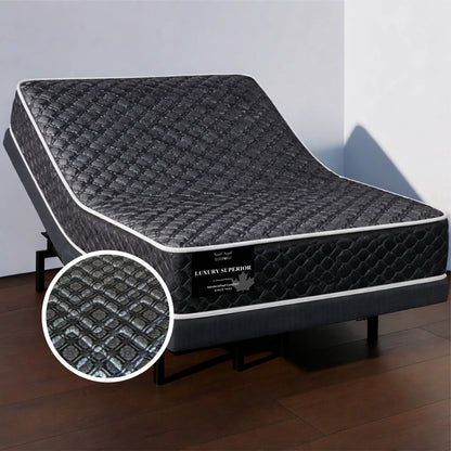 "Luxury Superior mattress in dark quilted diamond-stitch fabric on an adjustable bed base, with a close-up zoom of the fabric texture — Sleepwell Bedding."