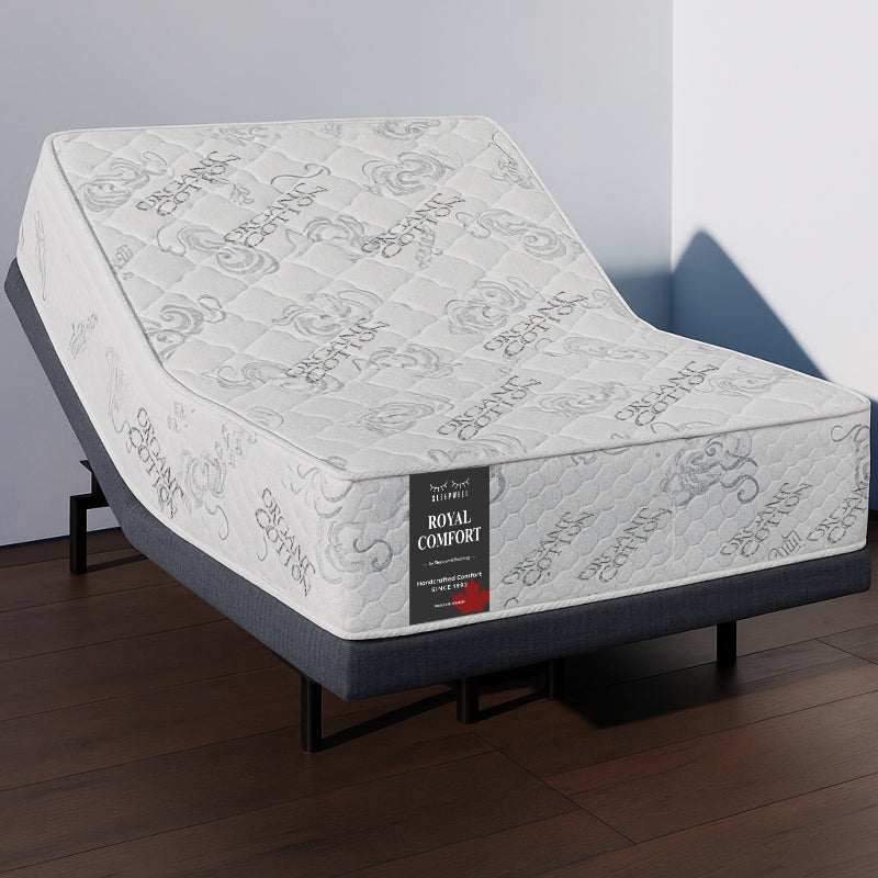 SleepWell Royal Comfort organic cotton mattress without topper, corner view on adjustable base