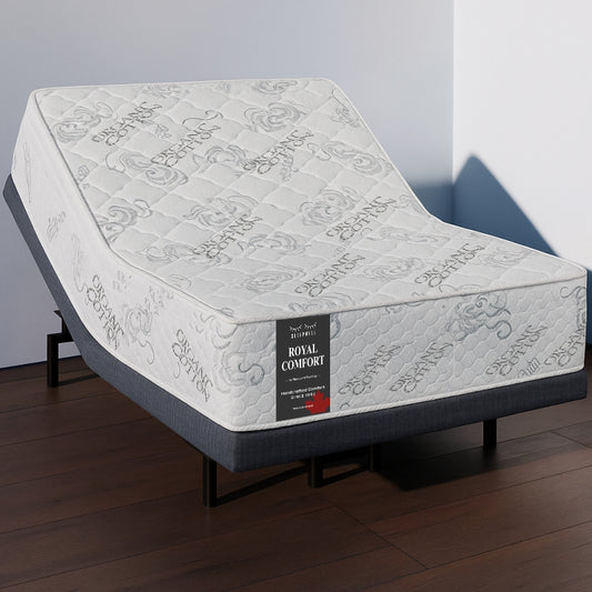 SleepWell Royal Comfort organic cotton mattress without topper, corner view on adjustable base