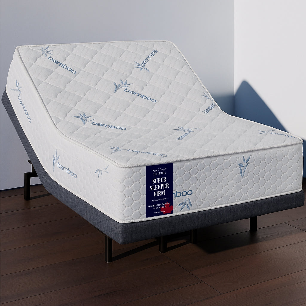 SleepWell Super Sleeper Firm bamboo mattress on adjustable bed base