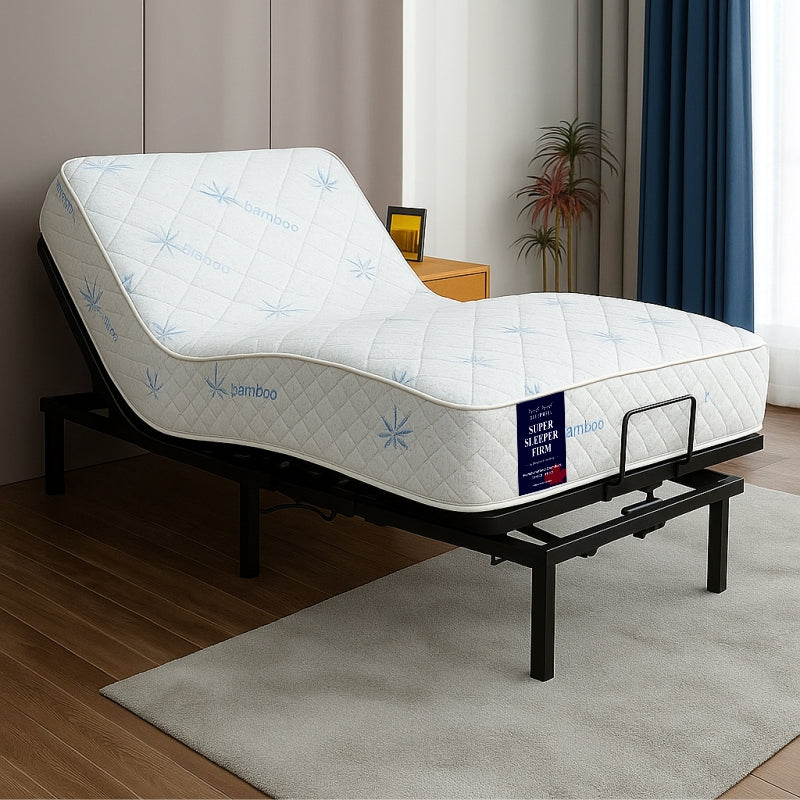 SleepWell Super Sleeper Firm bamboo mattress on adjustable base in reclined position