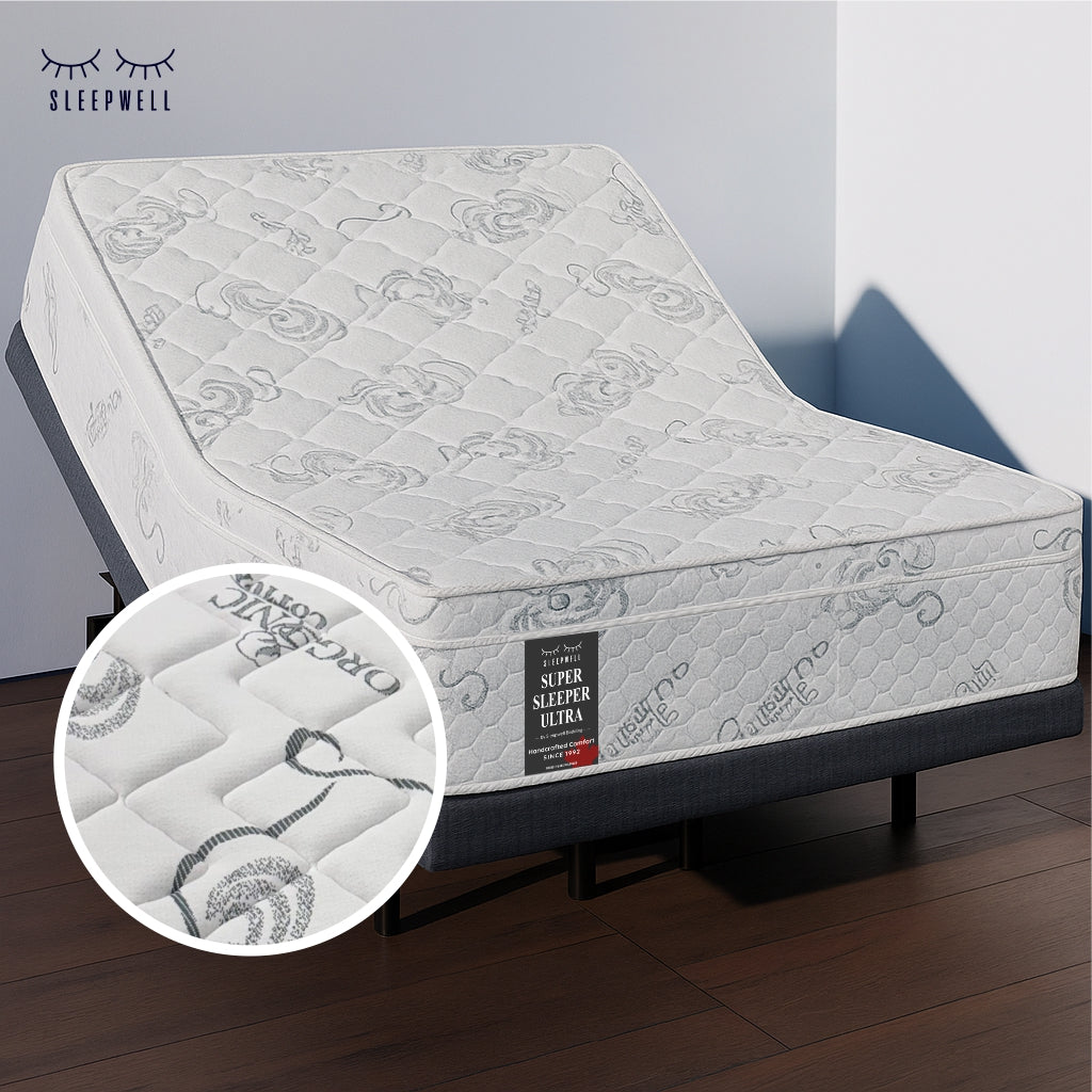 SleepWell Super Sleeper Ultra organic cotton mattress on adjustable base