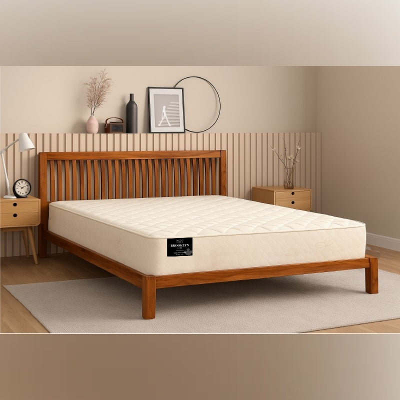 Brooklyn Mattress Luxe medium firm mattress in wooden bed frame bedroom setup - buy in Winnipeg