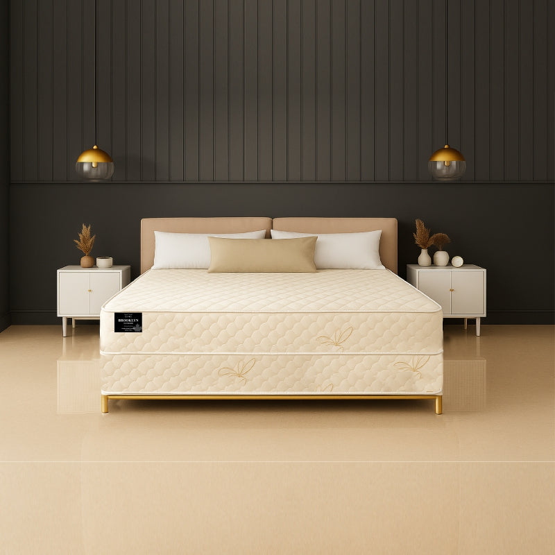 Brooklyn mattress with floral embroidery on gold-frame bed in elegant bedroom - buy in Winnipeg