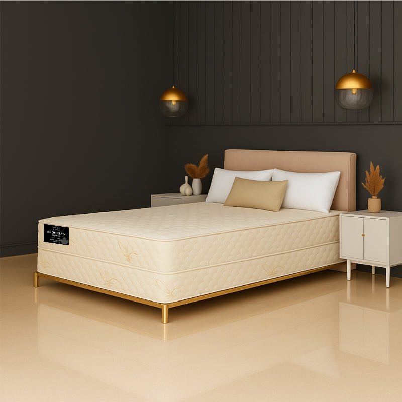 Brooklyn Standard mattress on gold-frame bed in elegant modern bedroom - buy in Winnipeg