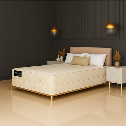 Brooklyn Standard mattress on gold-frame bed in elegant modern bedroom - buy in Winnipeg