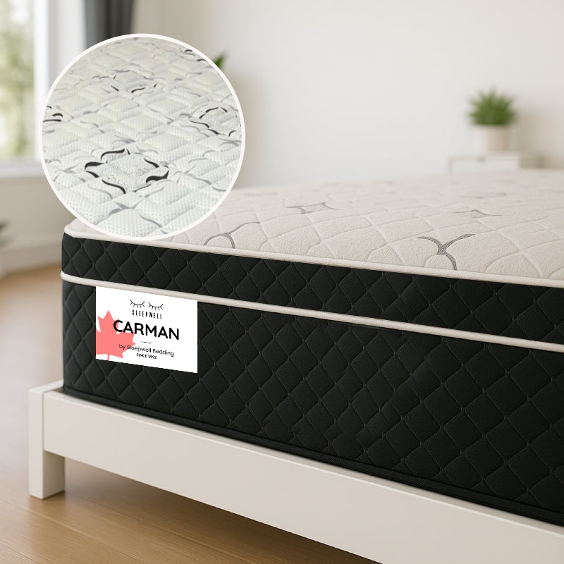 Sleepwell Carman mattress corner view with damask quilted cover on white bed frame - buy in Winnipeg