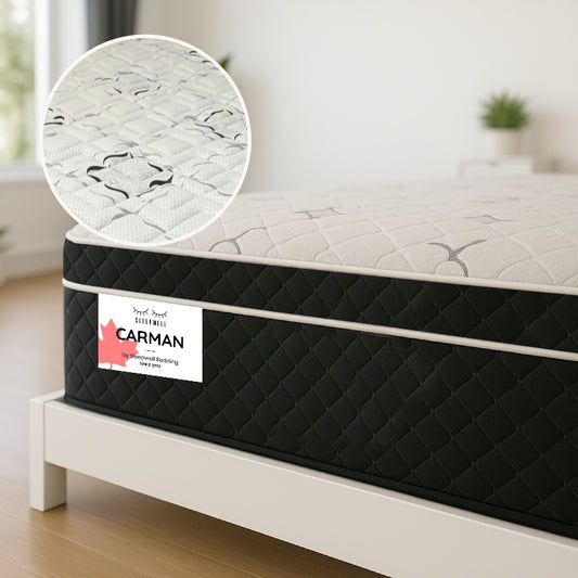 Sleepwell Carman mattress corner view with damask quilted cover on white bed frame - buy in Winnipeg