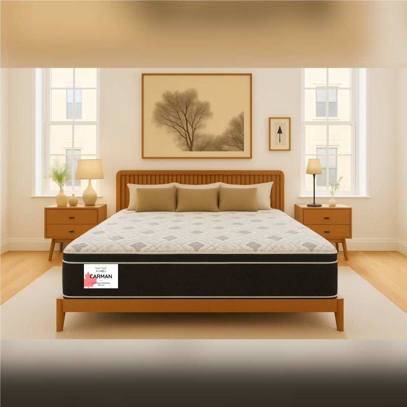Carman mattress front view on wooden slatted headboard bed