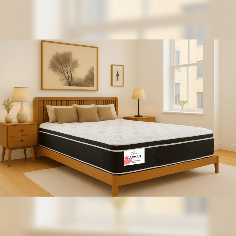 Carman mattress left angle view on wooden slatted headboard bed