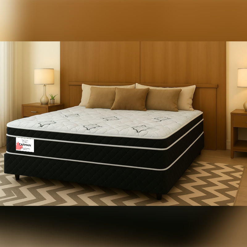 Carman mattress on wooden headboard bed in warm-toned bedroom