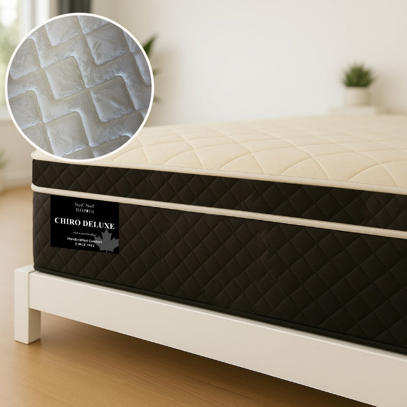 Chiro Deluxe mattress corner view with quilted fabric cover on white bed frame - buy in Winnipeg