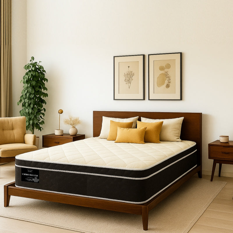 Chiro Deluxe mattress on dark wooden bed frame with mustard pillows - buy in Winnipeg