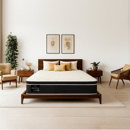 Chiro Deluxe mattress on wooden bed frame in mid-century modern bedroom - buy in Winnipeg