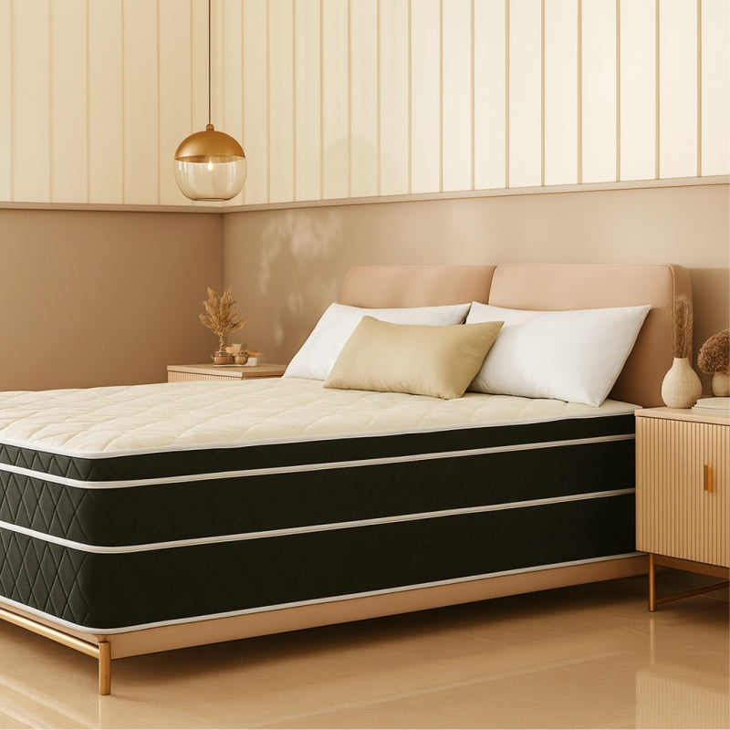 Chiro Deluxe mattress on gold-frame bed in warm tan-toned bedroom - buy in Winnipeg