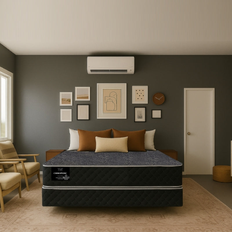 Chiropedic mattress front view in bedroom with gallery wall and armchairs - buy online in Winnipeg