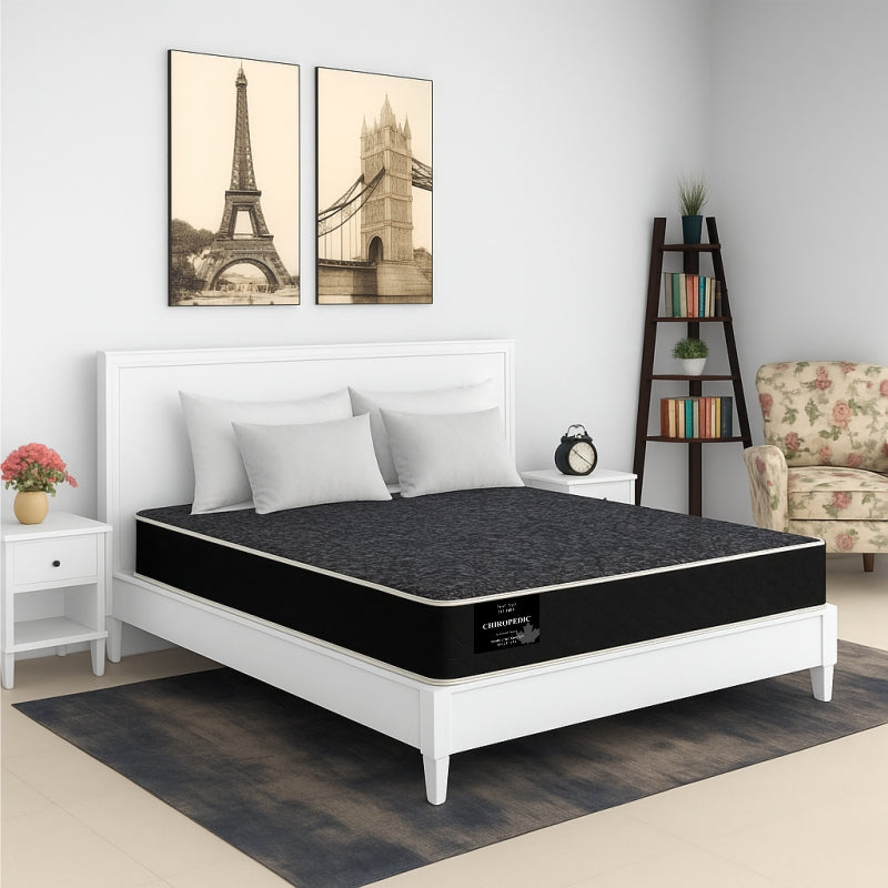 Chiropedic mattress on white bed frame in vintage travel-themed bedroom - buy online in Winnipeg