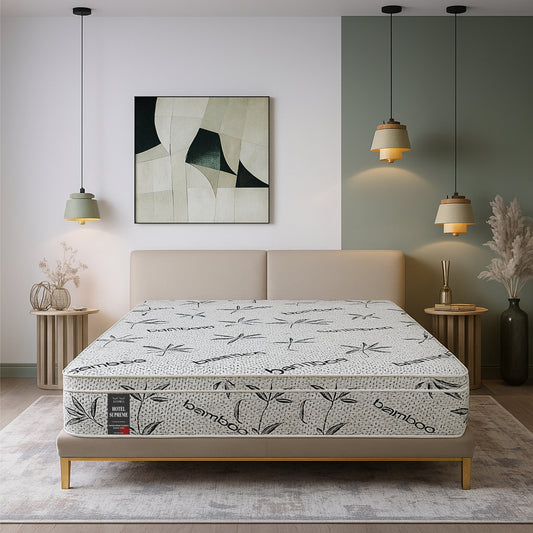 SleepWell Hotel Supreme extra firm bamboo mattress in sage green bedroom