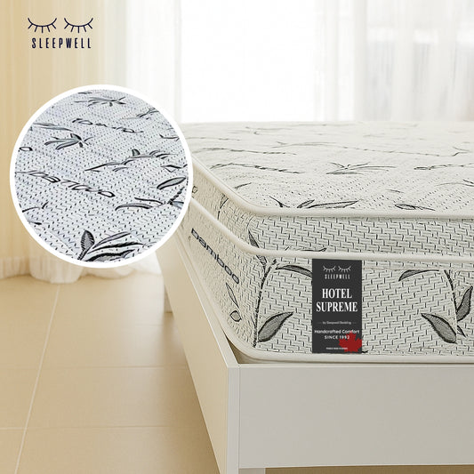 SleepWell Hotel Supreme bamboo mattress corner view with fabric detail
