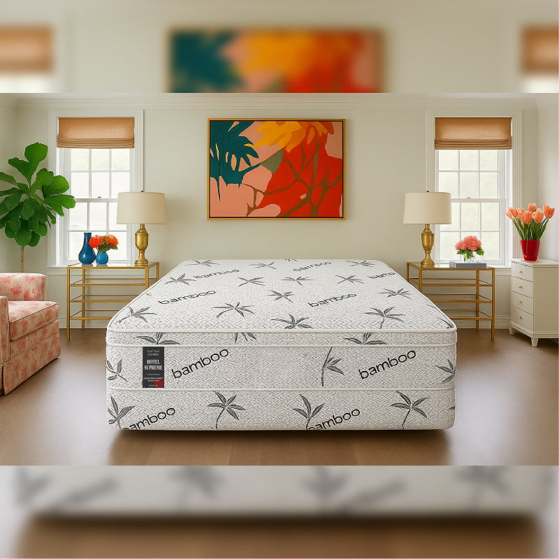 SleepWell Hotel Supreme extra firm bamboo mattress front view in colorful bedroom