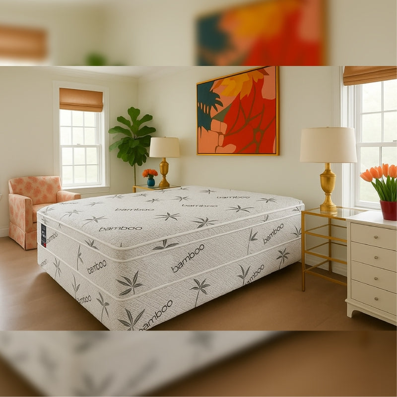 SleepWell Hotel Supreme extra firm bamboo mattress in colorful eclectic bedroom