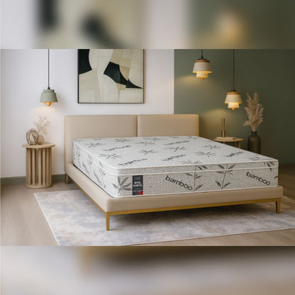 SleepWell Hotel Supreme extra firm bamboo mattress side view in sage green bedroom