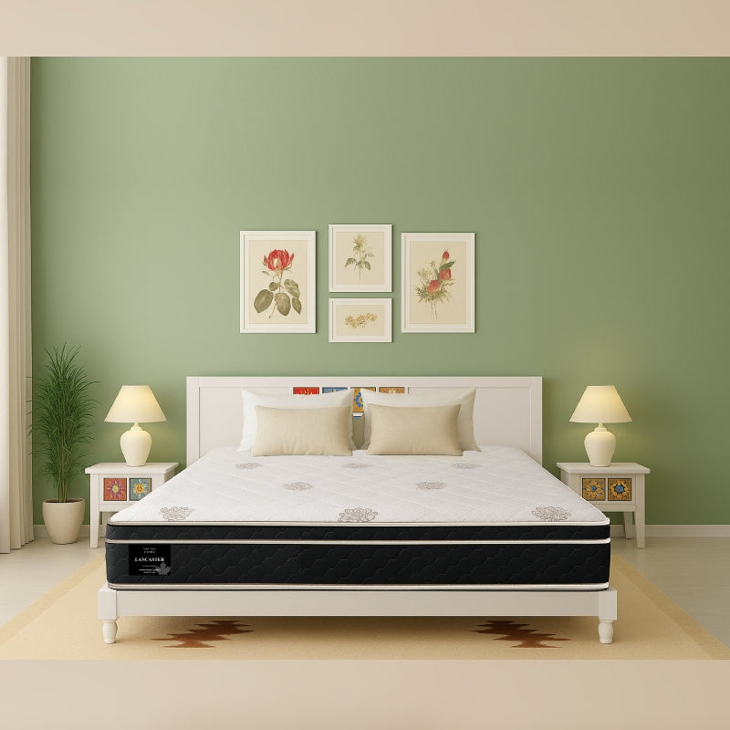 Lancaster mattress front view on white bed frame in soft green floral bedroom - buy best bed mattress in Winnipeg