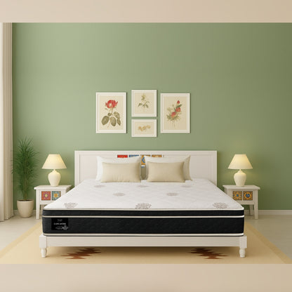 Lancaster mattress front view on white bed frame in soft green floral bedroom - buy best bed mattress in Winnipeg