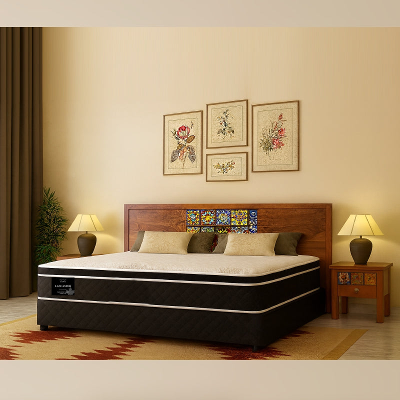 Lancaster mattress on wooden bed frame in colorful bohemian bedroom - buy best bed mattress in Winnipeg