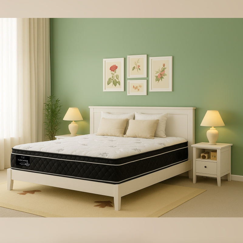 Lancaster mattress on white bed frame in soft green floral-themed bedroom - buy best bed mattress in Winnipeg