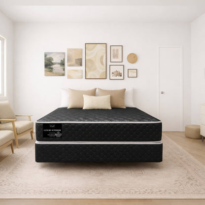 "Luxury Superior mattress in an elegant beige bedroom with gallery wall art — Sleepwell Bedding's affordable mattress in Winnipeg."