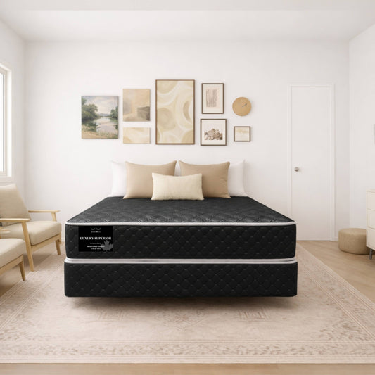 "Luxury Superior mattress in an elegant beige bedroom with gallery wall art — Sleepwell Bedding's affordable mattress in Winnipeg."