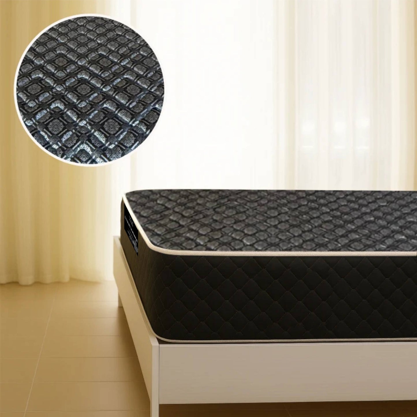 "Affordable mattress with quilted diamond-stitch cover on a wooden platform bed, with a close-up zoom of the fabric texture — Sleepwell Bedding."