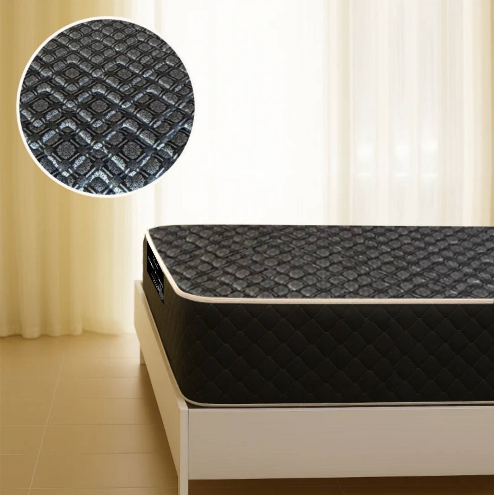 "Affordable mattress with quilted diamond-stitch cover on a wooden platform bed, with a close-up zoom of the fabric texture — Sleepwell Bedding."