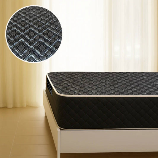 "Affordable mattress with quilted diamond-stitch cover on a wooden platform bed, with a close-up zoom of the fabric texture — Sleepwell Bedding."