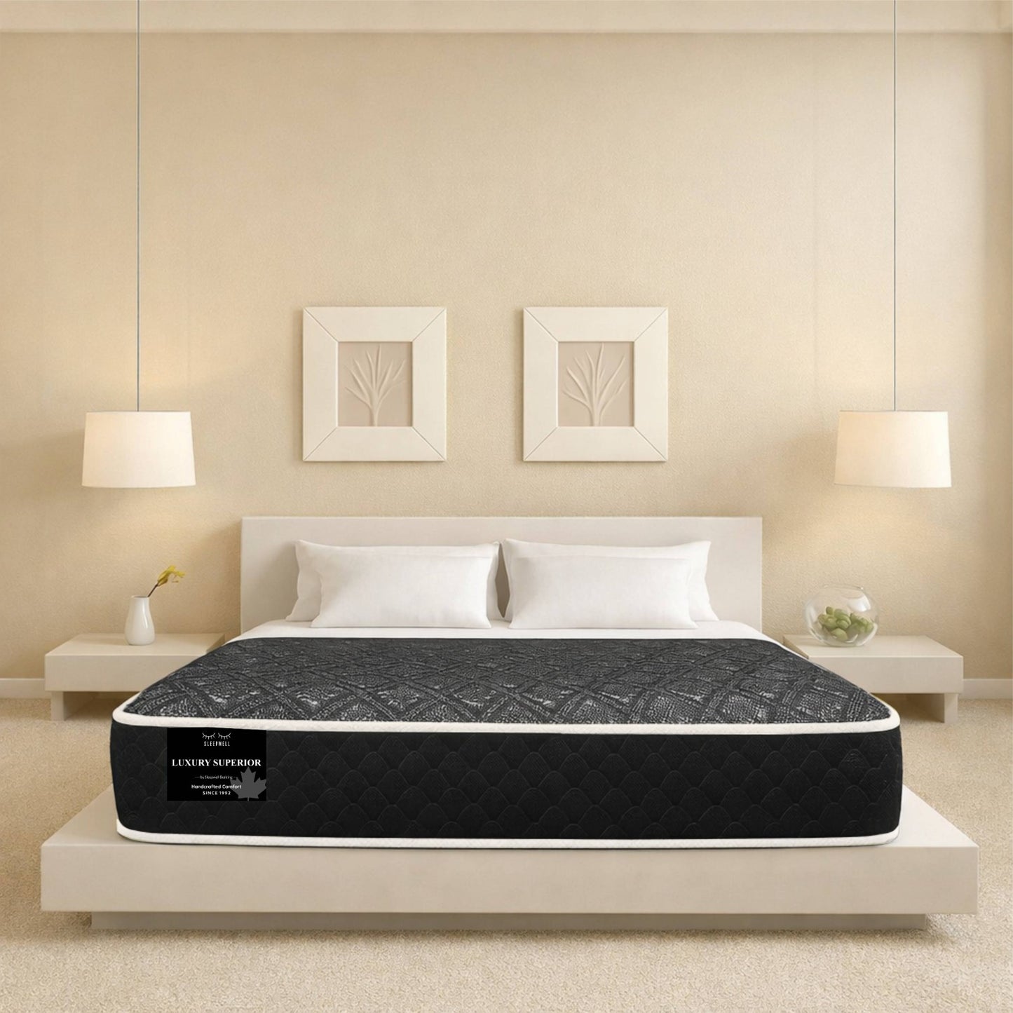"Luxury Superior mattress in a warm beige bedroom setting with symmetrical nightstands and framed art — Sleepwell Bedding's affordable mattress line."