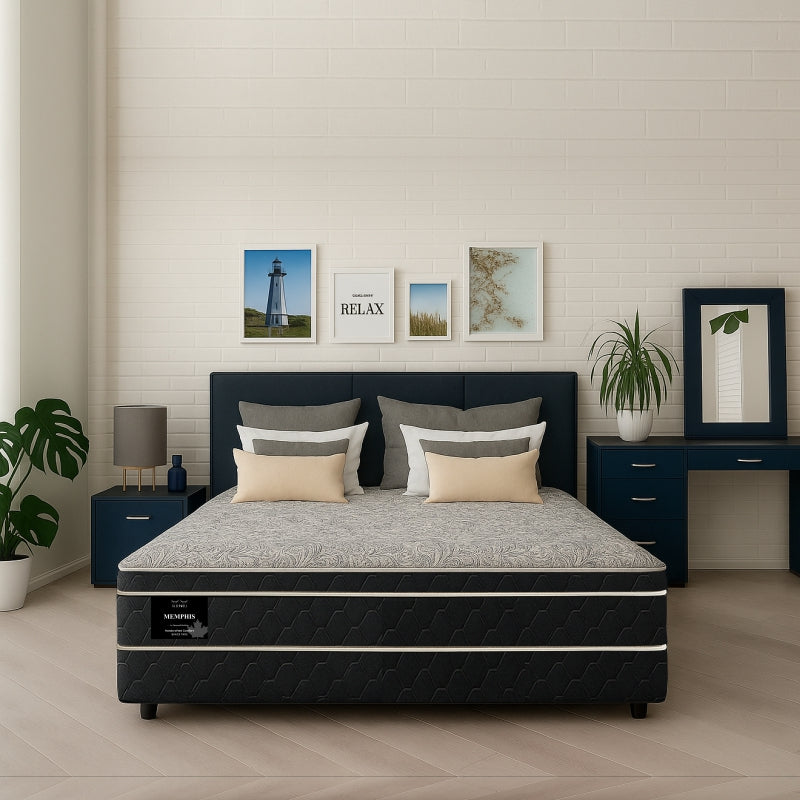 Memphis mattress front view in navy upholstered bed frame bedroom - buy in Winnipeg