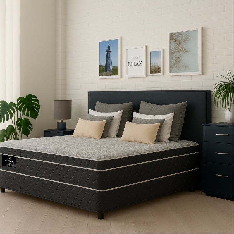Memphis mattress on dark navy bed frame in cream bedroom