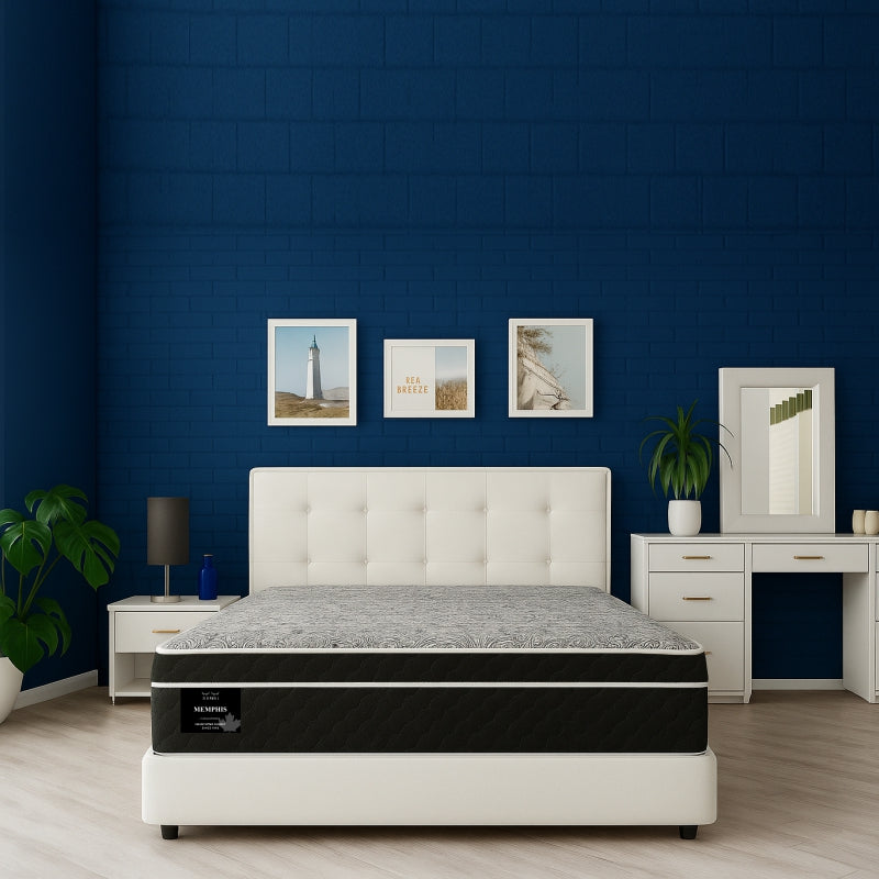 Memphis mattress front view in bold navy blue bedroom with tufted headboard - buy in Winnipeg