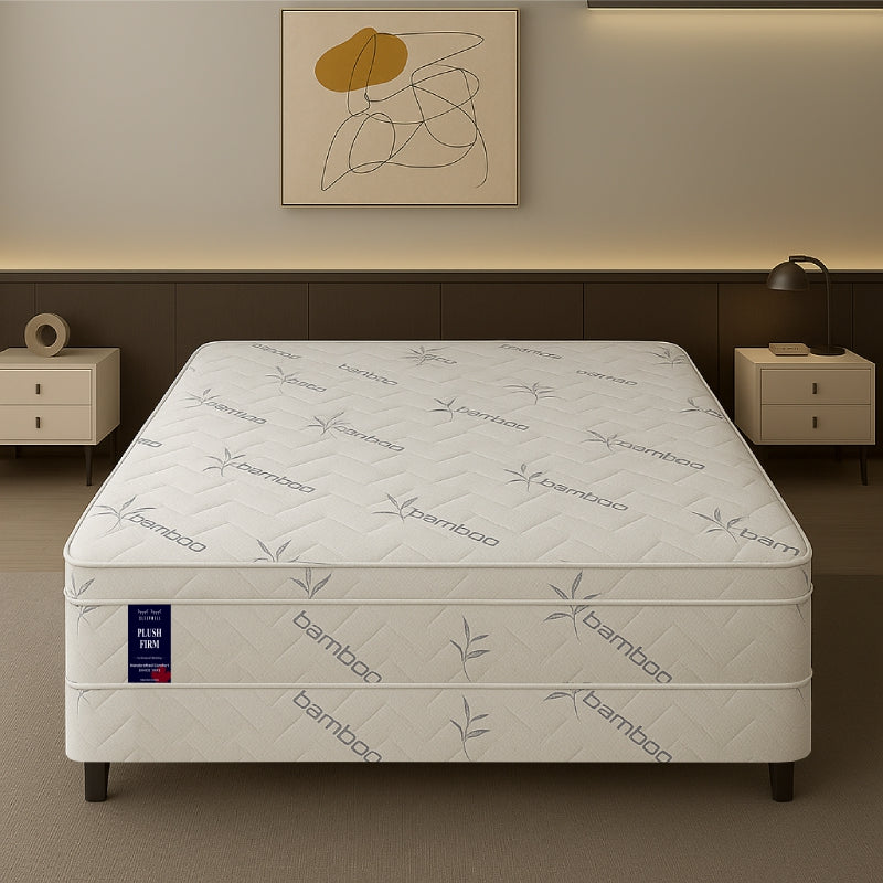 SleepWell Plush Firm bamboo mattress front view in cozy warm bedroom