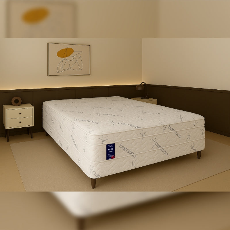SleepWell Plush Firm bamboo mattress left side view in cozy bedroom