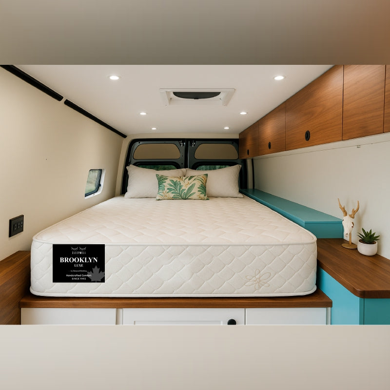Brooklyn Luxe mattress in stylish RV bedroom nook with teal accents - buy in Winnipeg