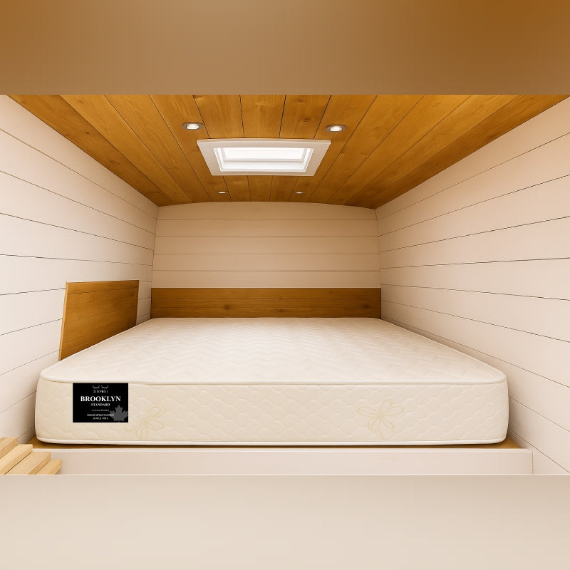Brooklyn Standard mattress in cozy wood-paneled RV bedroom nook - buy in Winnipeg